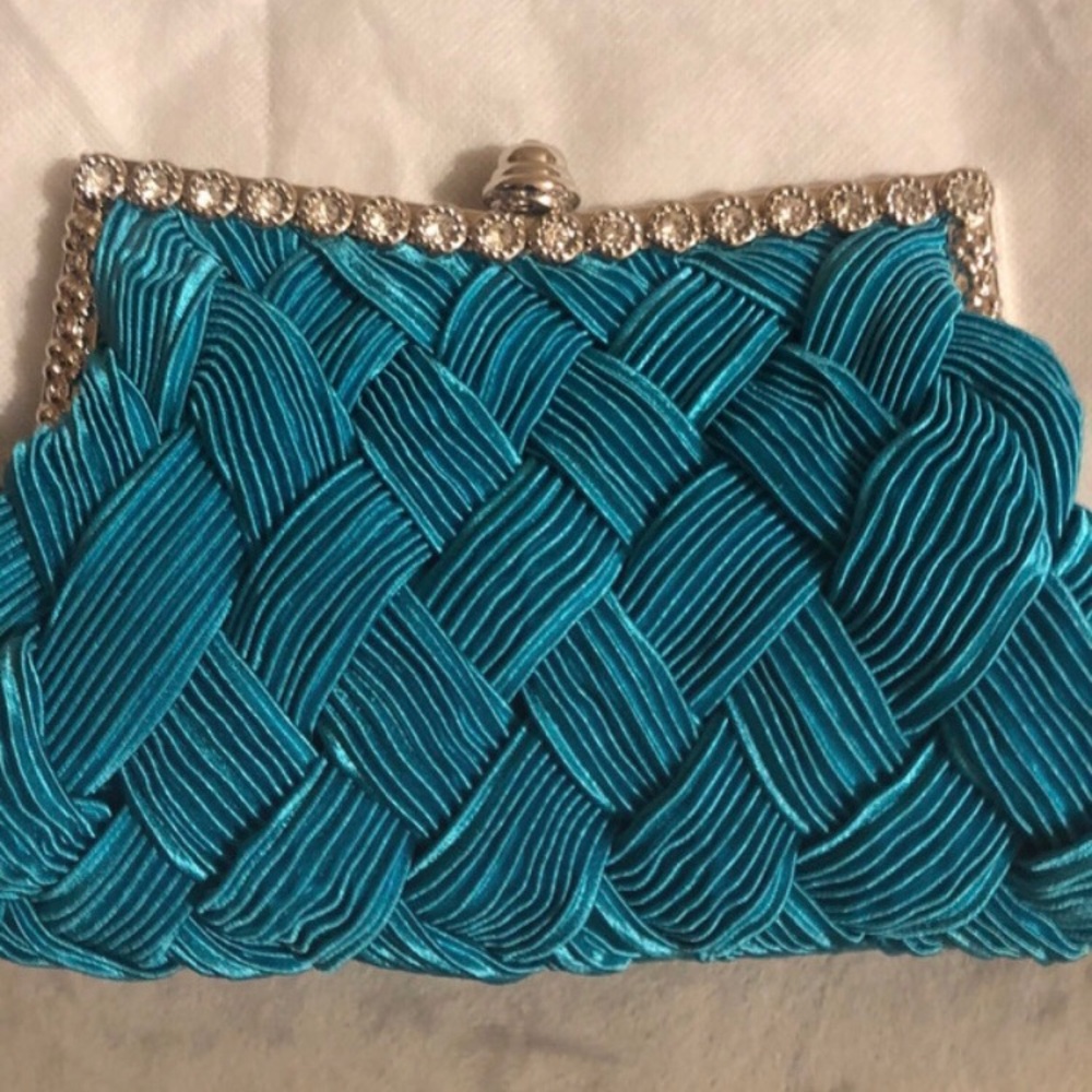 Turquoise & Silver Satin Clutch Crossbody Bag - Picture 7 of 10